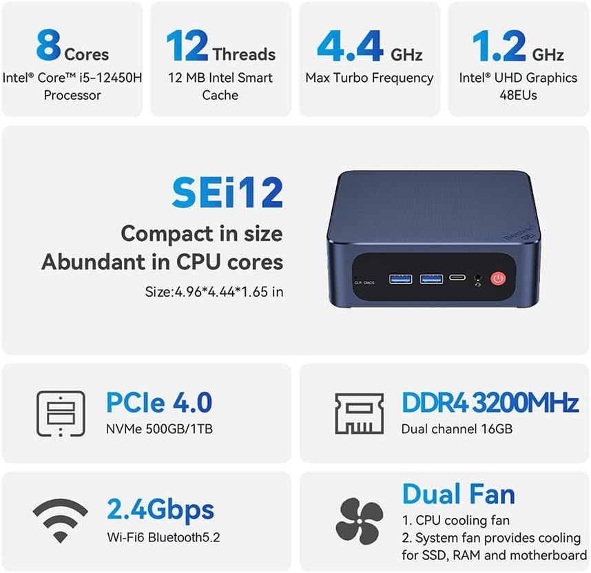 Beelink SEi12 Mini PC, Intel Core i5-12450H (8C/12T,up to 4.4GHz), Mini ...