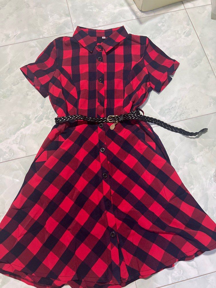 Brand new red checkered dress cut label XS to S ptp 43cm for petite ladies defecfs at belt but belt is free