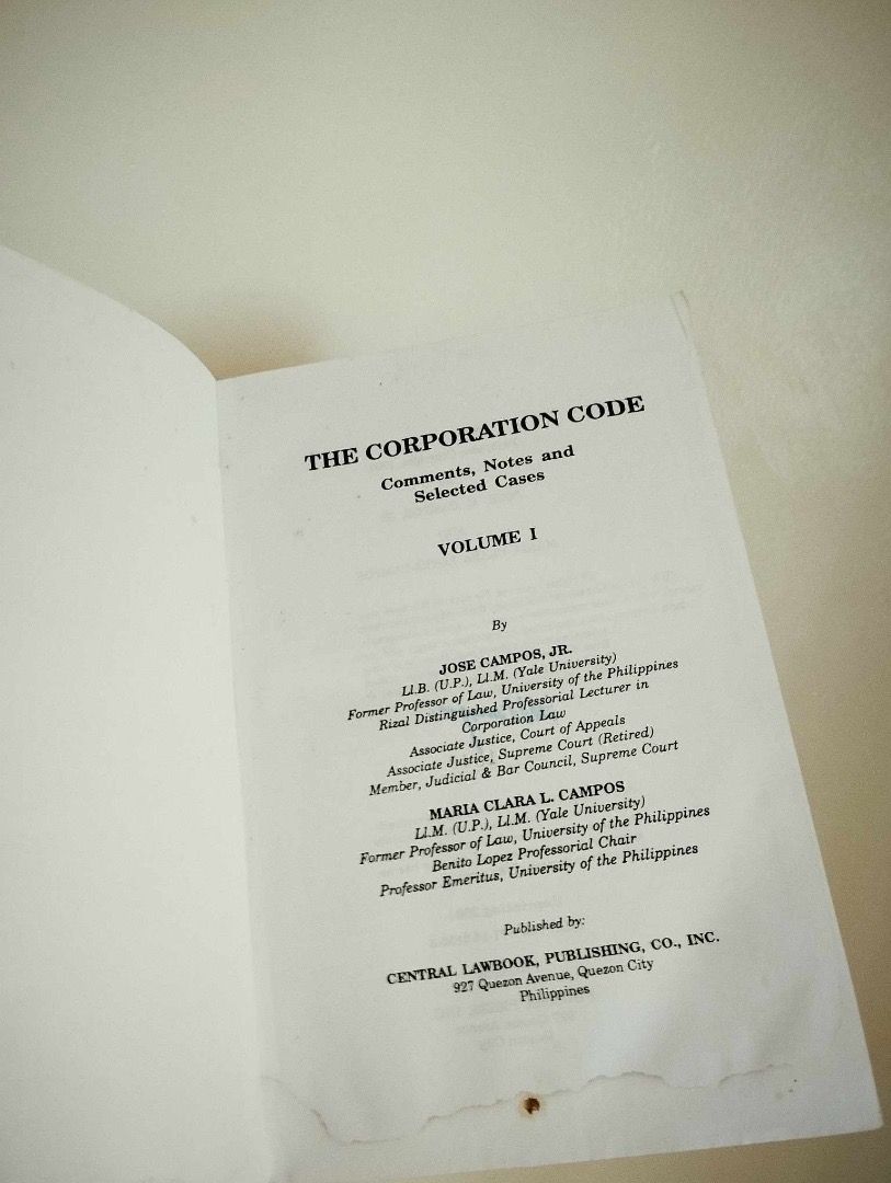 Campos- The Corporation Code I (Category: Textbooks) located in Quezon City. Submitted by jendp1702 (Listing ID 1276165741, Image 1). Description: Used Campos book on Corporation Code I SRP is Php 1600 Selling for only Php 600 About the book "This work is a revision of the authors' first textbook on the CORPORATION CODE. Although it is intended primarily for classroom use, it will be found useful as reference by judges and practitioners alike. A 