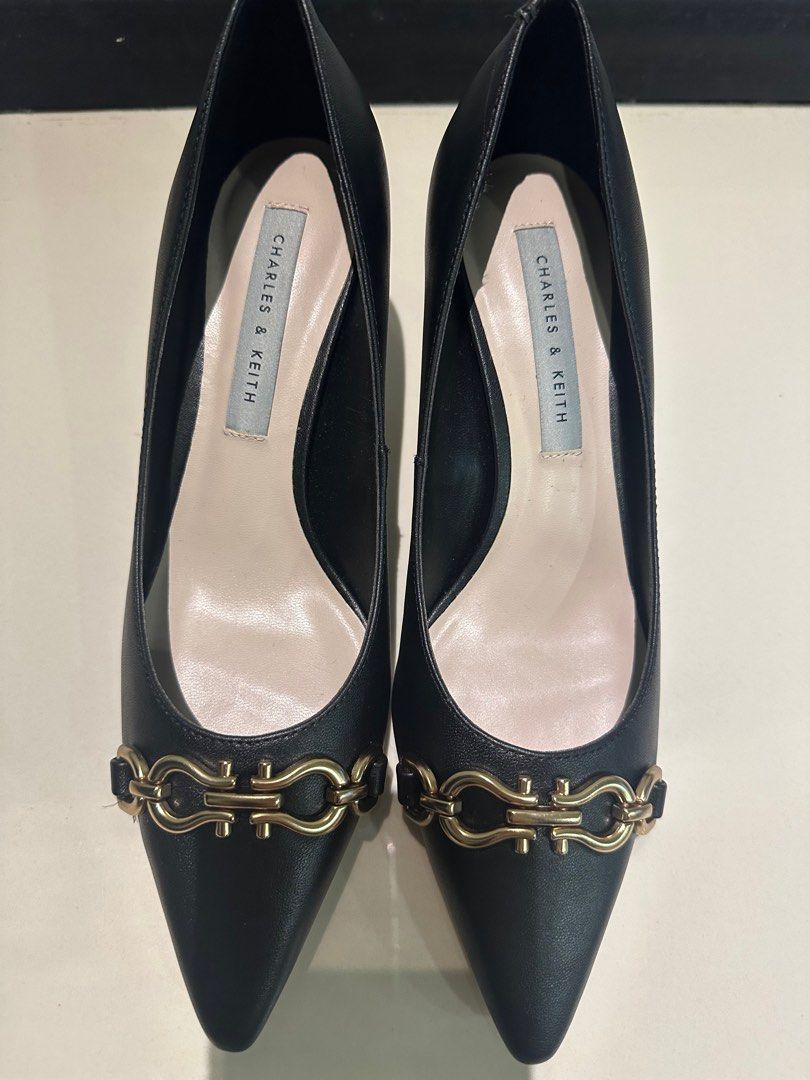 Charles and Keith black heels with gold buckle Women s Fashion