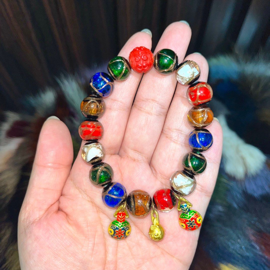 Colorful Glass Beaded Five element Feng Shui Bracelet with Money