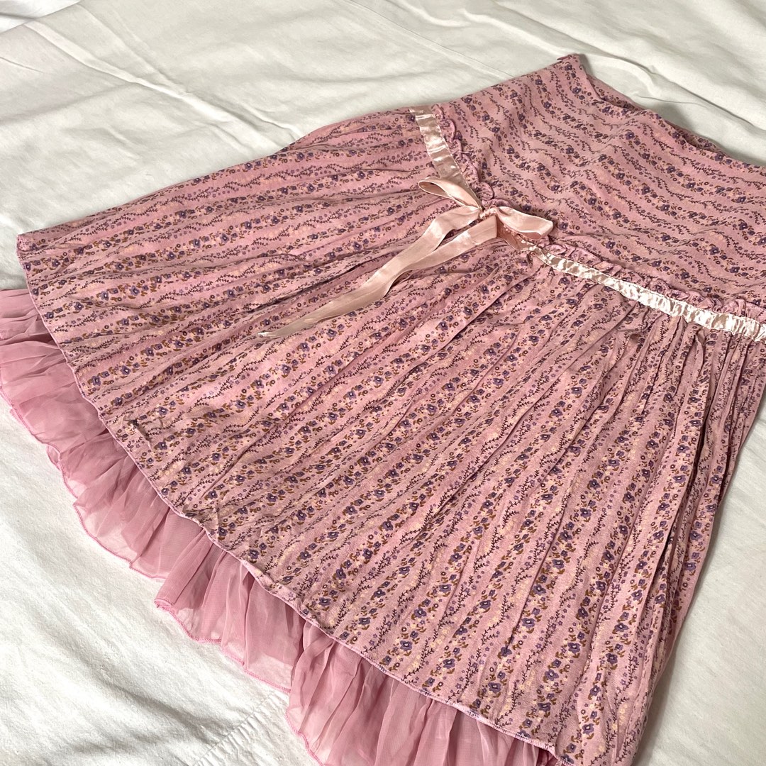 Coquette Ribbon Floral Midi Skirt - Pink, Women's Fashion, Bottoms ...