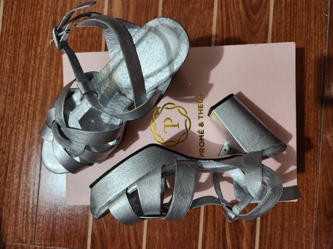 Customized Prome and Theus Platform Sandals (Category: Heels) located in Taguig. Submitted by orange_potion (Listing ID 1276227527, Image 1). Description: Brand New Customized Prome and Theus Platform Sandals size 6, silver color never used.