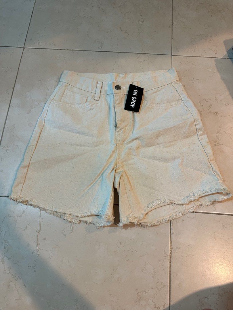 Frayed Off White Denim Shorts
