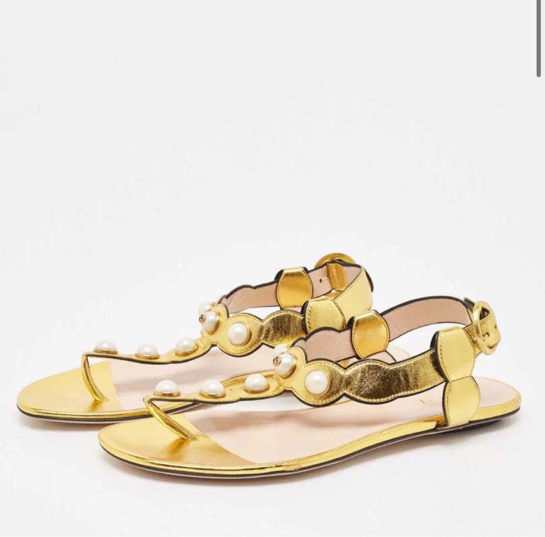 GUCCI Gold Leather Pearl Embellished Strappy Block Heel Sandals, Size 37 |  eBay