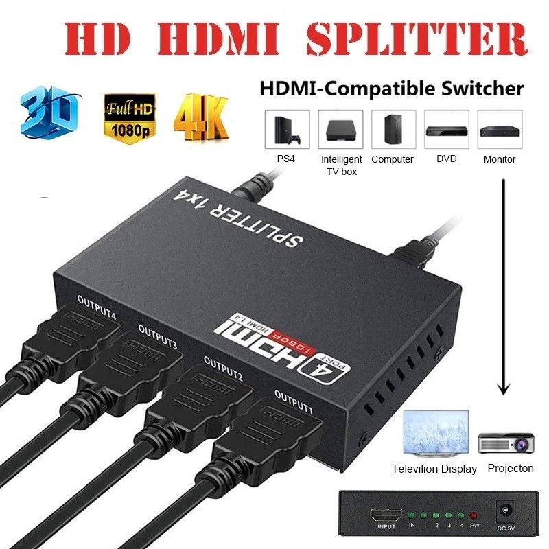Microware 4K 1080P 3D Mini 4 Port HDMI Splitter Switcher 1 in 4 Out  Distributor Splitter Black : : Electronics
