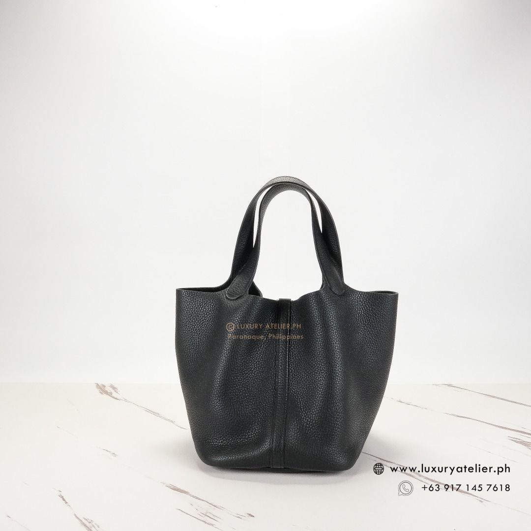 Hermes (Category: Luxury Bags & Wallets) located in Paranaque City. Submitted by luxuryatelier.ph (Listing ID 1276214971, Image 3). Description: CASH / LAYAWAY*: Php 171,900 only (*Up to 6 weeks installment) CARD* : Php 178,800 only (*Up to 6 months installment) Model: Picotin 22 Black PHW; Date Code: D - 2019 Rating: 9-9.5/10 Pristine (Used less than 5x) Material: Leather; Color: Noir (Black); Hardware: Palladium Size: 22*22*17.5;handle:19.5cm I