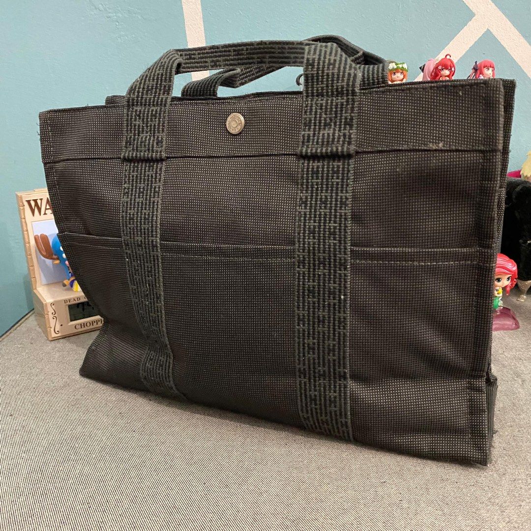 Hermes Paris hand bag canvas Tote bag Black Grey Women s Fashion
