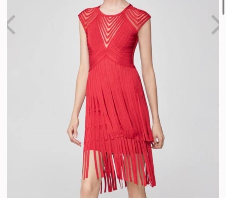 herve leger red fringe dress Herve Leger Plunging Bustier Fringe Gown