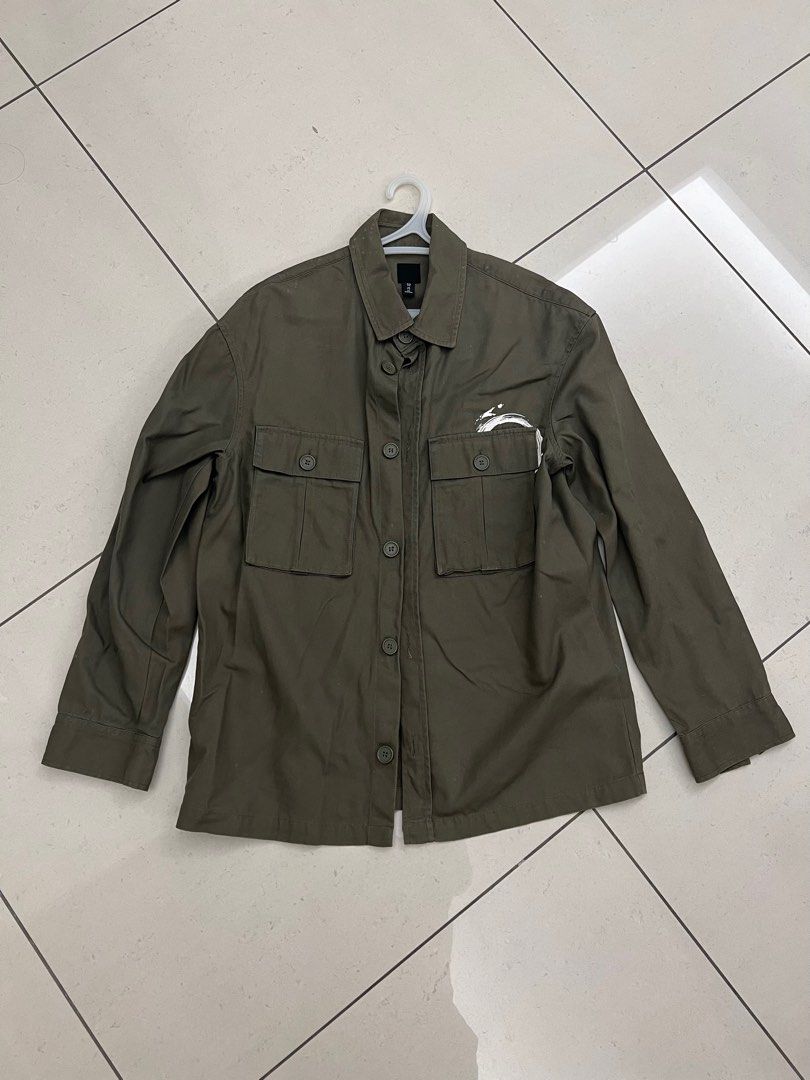 H M Oversized Army Green Shirt Men s Fashion Tops Sets Formal