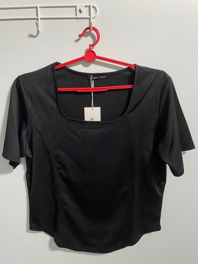 Lovito Casual Plain Structure Line T Shirt for Women Black