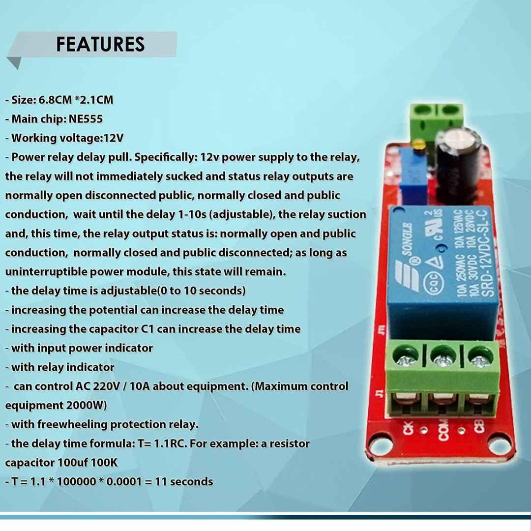 NE555 TIMER SWITCH ADJUSTABLE MODULE TIME DELAY 1-10SEC, RELAY MODULE DC 12V DELAY RELAY SHIELD (Category: Electrical, Adaptors & Sockets) located in Quezon City. Submitted by besteinpc (Listing ID 1275514398, Image 2). Description: NE555 TIMER SWITCH ADJUSTABLE MODULE TIME DELAY 1-10SEC, RELAY MODULE DC 12V DELAY RELAY SHIELD FEATURES: 👉Size: 6.8CM *2.1CM 👉Main chip: NE555 👉Working voltage:12V 👉Power relay delay pull. Specifically:12v power 