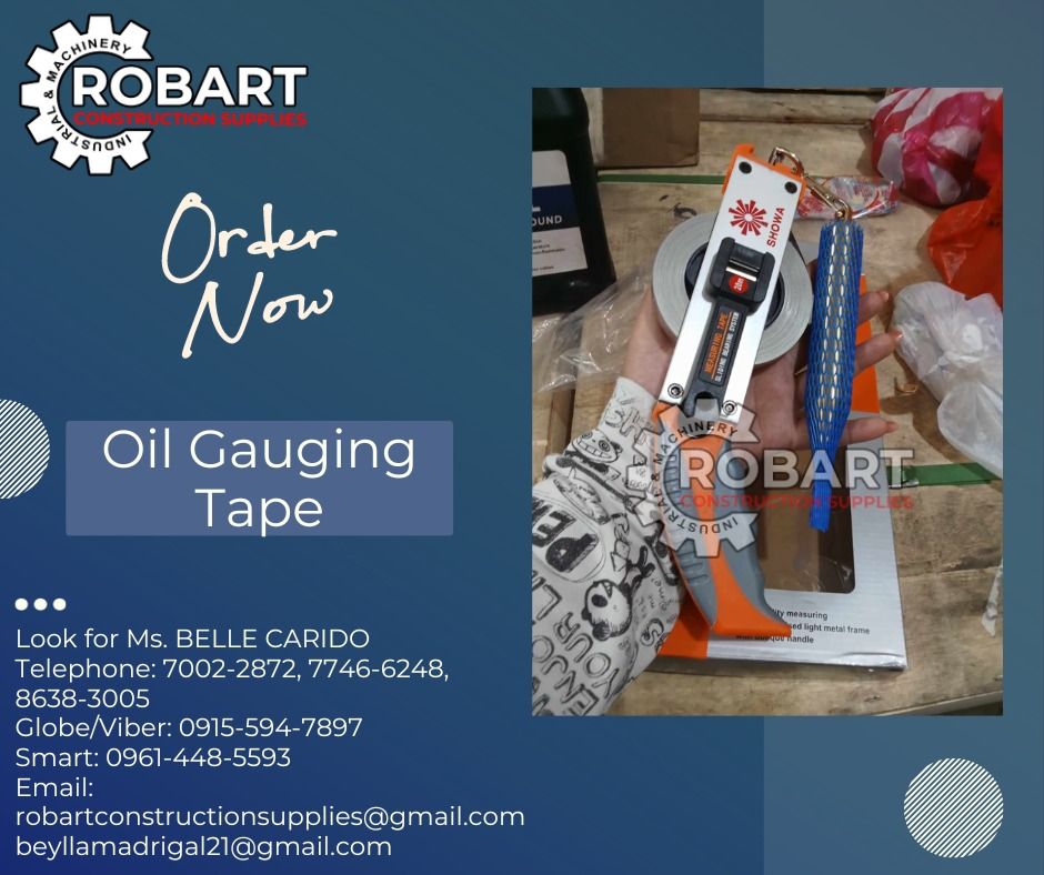 Oil Gauging Tape (Category: Construction Tools & Equipment) located in Manila. Submitted by bellarobart (Listing ID 1276243726, Image 1). Description: "LION" OIL GAUGING TAPE Made in China Model: 2006C with S/S Tape and Plumb Bob Size: 20M 𝑹𝑶𝑩𝑨𝑹𝑻 𝑪𝑶𝑵𝑺𝑻𝑹𝑼𝑪𝑻𝑰𝑶𝑵 𝑺𝑼𝑷𝑷𝑳𝑰𝑬𝑺 #RobartConstructionSupplies #robartph #constructionmaterials #industrialsupply Office Address: 1405 Yuseco St. Sta Cruz Manila SEND US MESSAGE FOR INQUIRIE