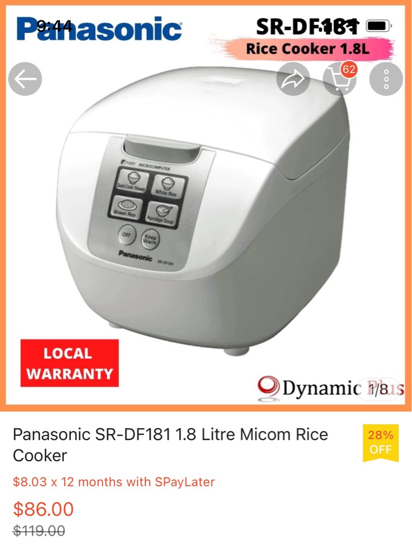 Panasonic SRDF181 1.8 Litre Rice Cooker, TV & Home Appliances