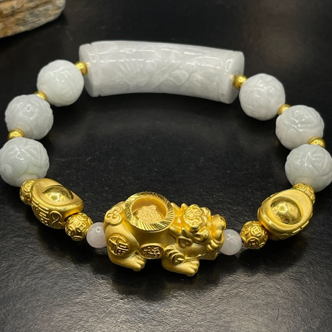 Real 24k Gold Spinning Piyao Bracelet with White Jade, Women's Fashion