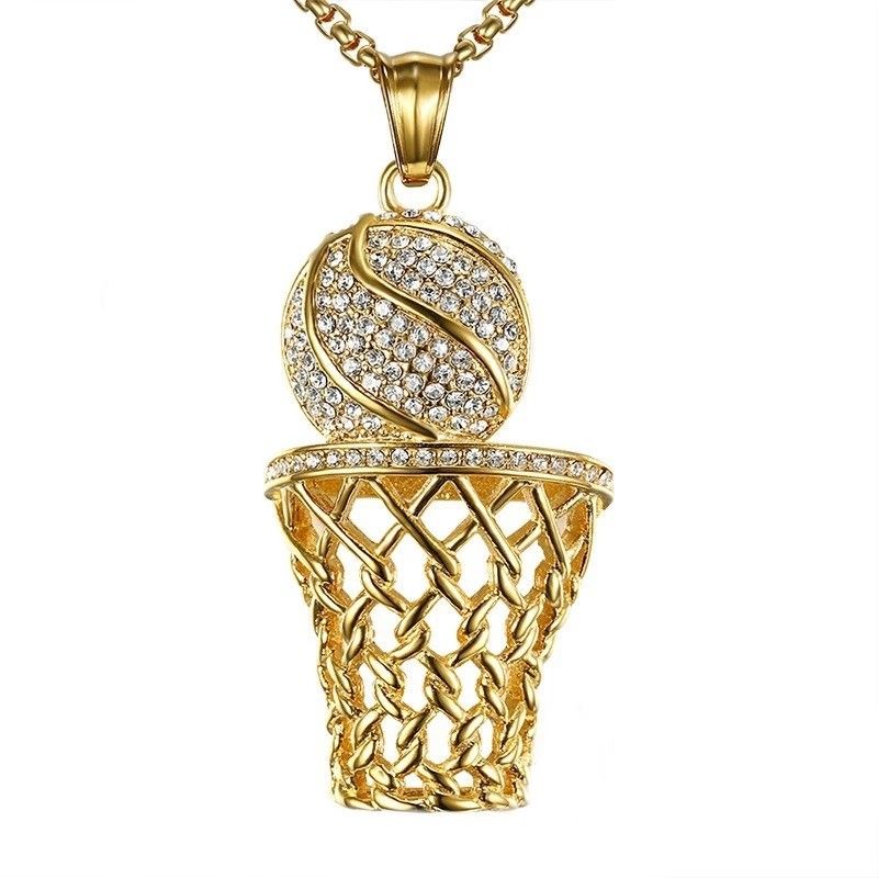 Rhinestone basketball necklace stainless steel basketball hip hop