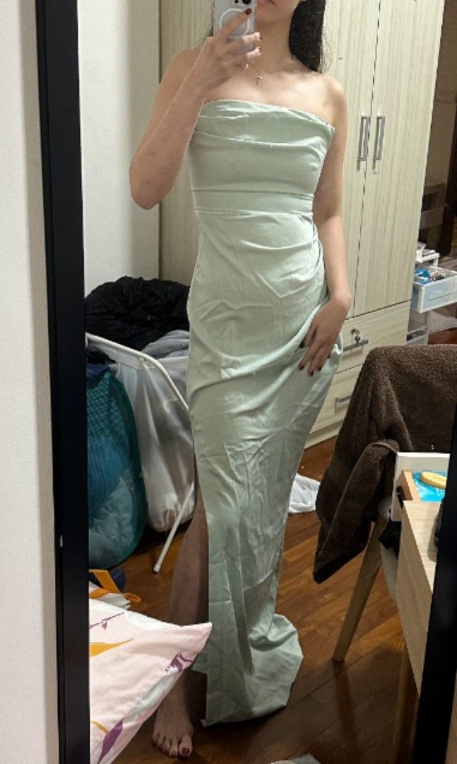 Sage Satin Tube Dress, Women's Fashion, Dresses & Sets, Evening dresses &  gowns on Carousell