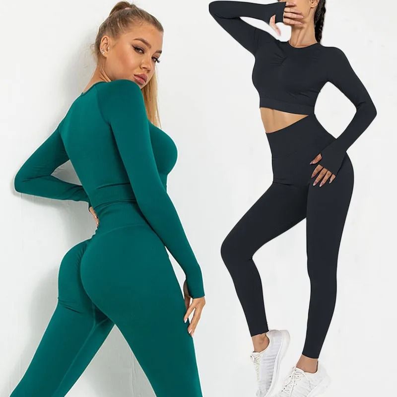 Idoravan Women Sets Clothing Clearance Women Sexy Fitness Strap Long Sleeve  Sport Suit Tracksuit Gym Wear Yoga Sets