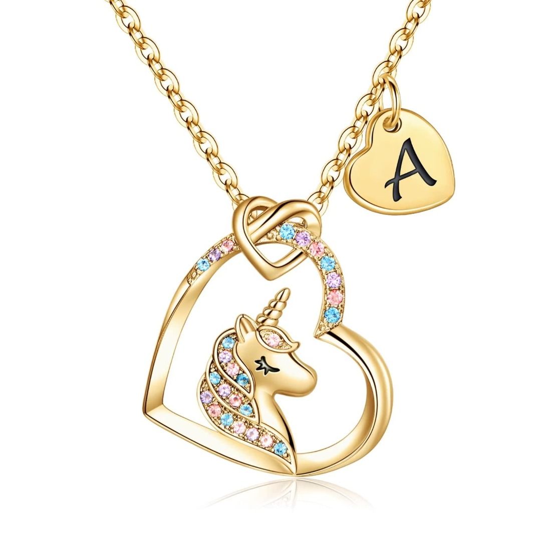 Unicorn Gifts for Girls 14K Gold White Gold Rose Gold Plated Colorful CZ Heart Unicorn Necklaces for Girls Jewelry Initial Unicorn Necklace Birthday