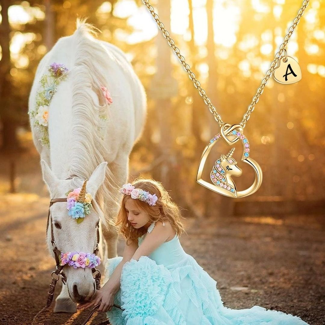 Unicorn Gifts for Girls 14K Gold White Gold Rose Gold Plated Colorful CZ Heart Unicorn Necklaces for Girls Jewelry Initial Unicorn Necklace Birthday
