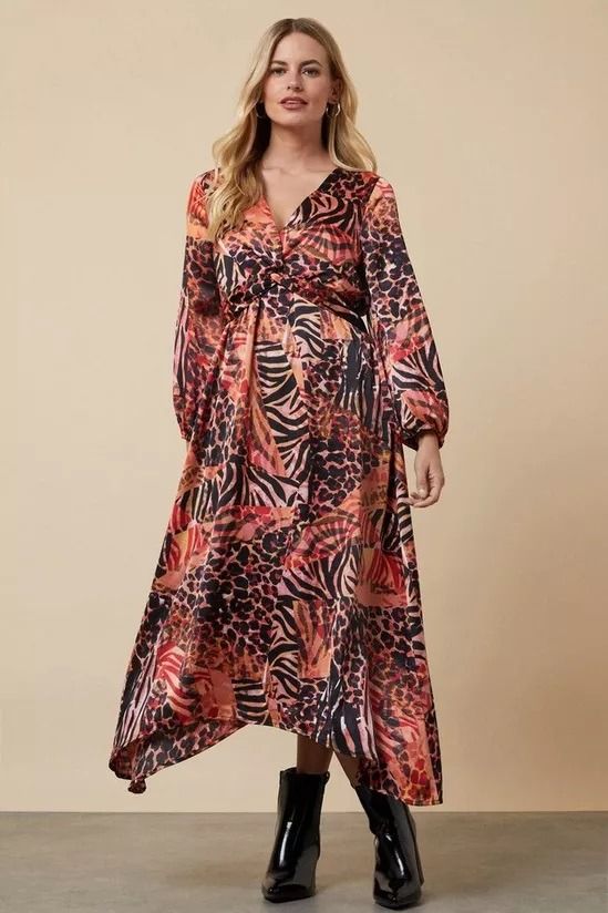 Wallis Petite Red Animal Twist Front Midi Dress RED UK14 EUR42 US10