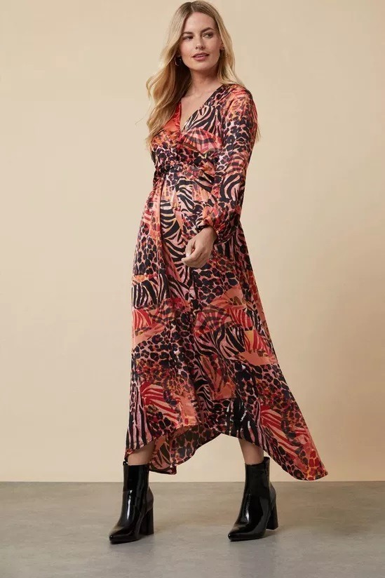 Wallis Petite Red Animal Twist Front Midi Dress RED UK14 EUR42 US10