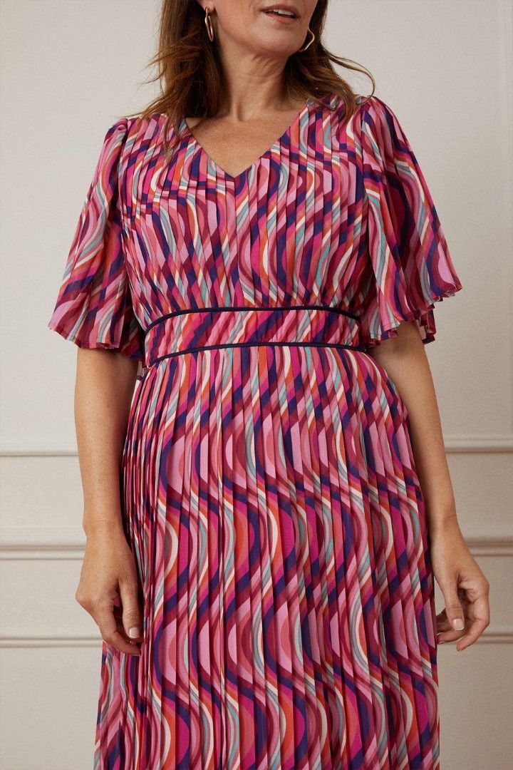 Wallis Rainbow Pleated Twist Waist Midi Dress PINK UK14 EUR42 US10