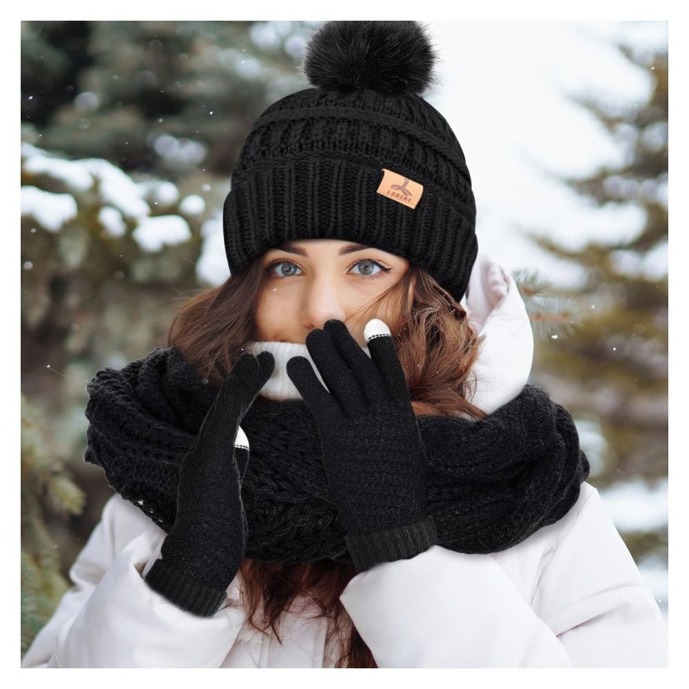 3 in 1 Winte Beanie Hat Neck Warm Scarf and Touchscreen Gloves