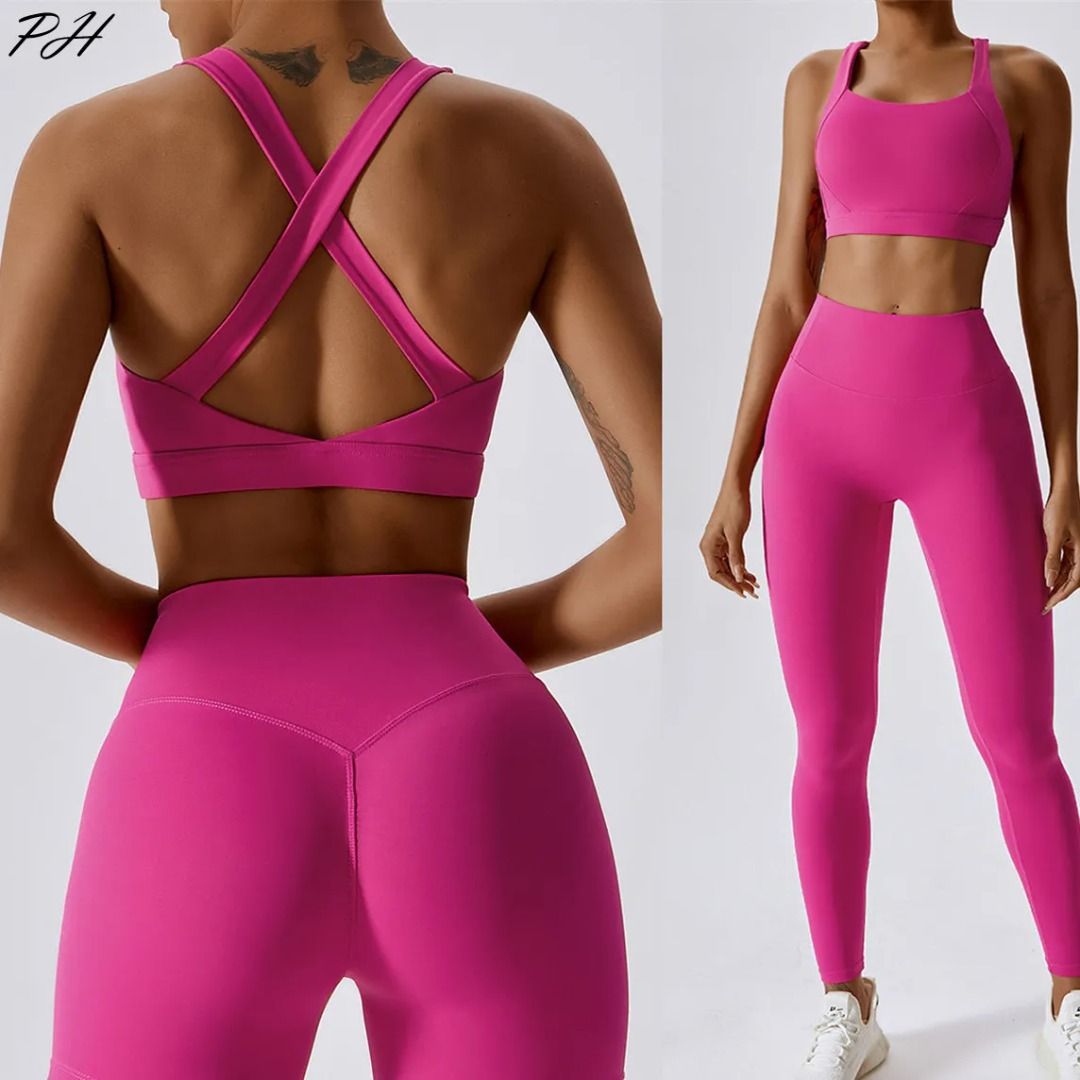 Pink Athletic Yoga Set For Women Sports Bra And Leggings Set With