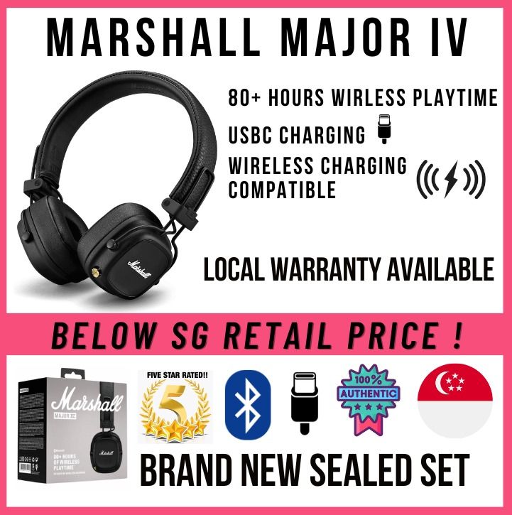 Marshall Major IV marshall major 4 wireless bluetooth headphone brand new  sealed set local warranty 100% Authentic [Black/Brown] , Audio, Headphones  & Headsets on Carousell