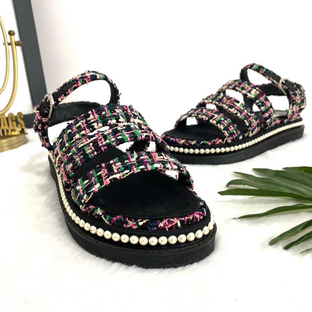 authentic Chanel 2017 REV Pearl Embellished Flat Sandals Black Grosgrain 41