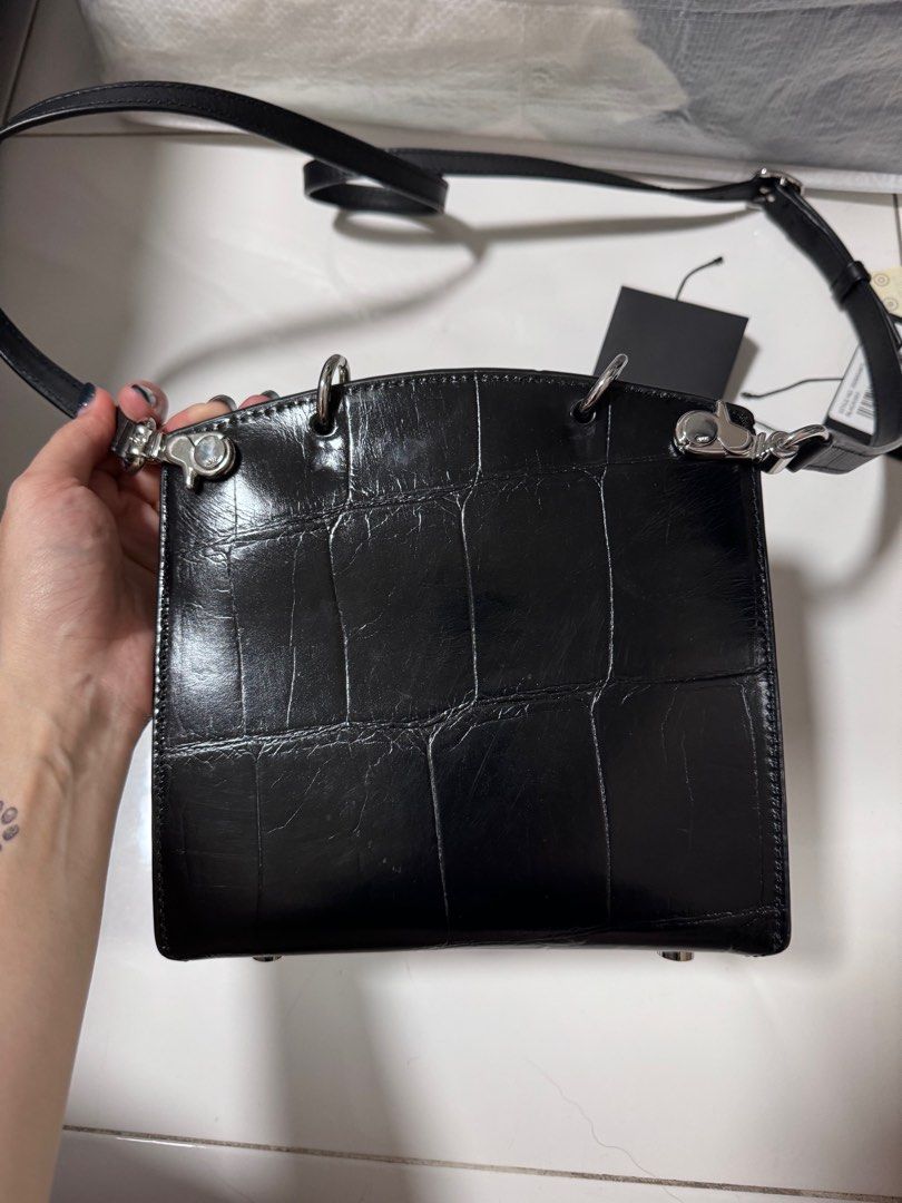 ALEXANDER WANG DIME MINI FLAP SATCHEL IN BLACK CROCODILE EMBOSSED CALFSKIN