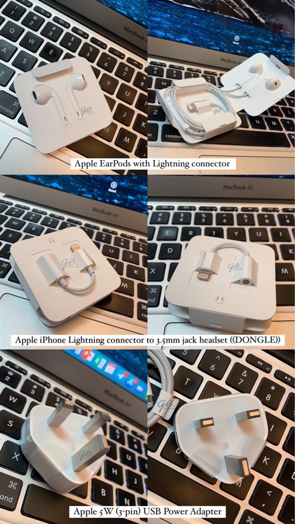Apple Headset/iPhone Headset/Dongle/Adaptor (Category: Headphones & Headsets) located in Pasig City. Submitted by preloved_by_g (Listing ID 1282866762, Image 1). Description: FOR SALE ‼️ Apple Accessories All unused ‼️ Direcly came from iPhone unit The inclusions are Lightning Earpods, Dongle (connector to 3.5mm headset) and 3-PIN 5W USB Power Adapter LEGIT; AUTHENTIC, ORIGINAL 💯 Can use lalamove, grab or angkas for delivery COD available via la
