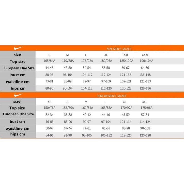 Nike men's jacket size chart outlet