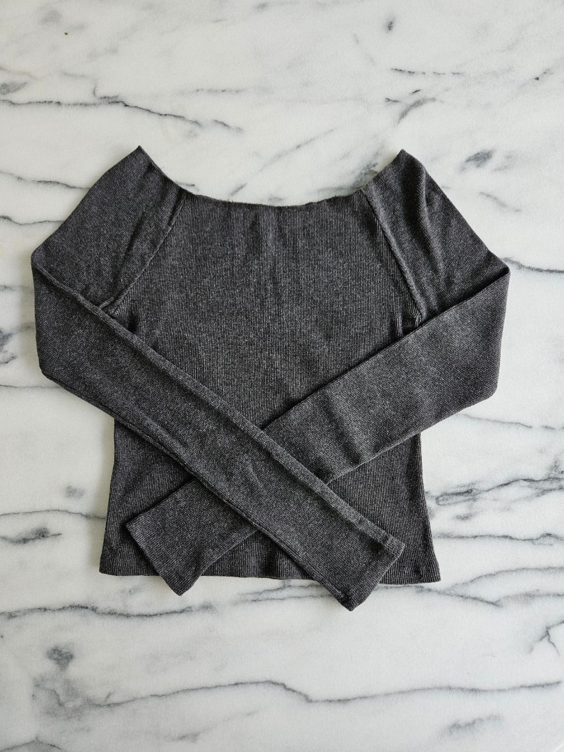 Brandy Melville Gray Ribbed Crop Fitted Off- Shoulder Mayson Top
