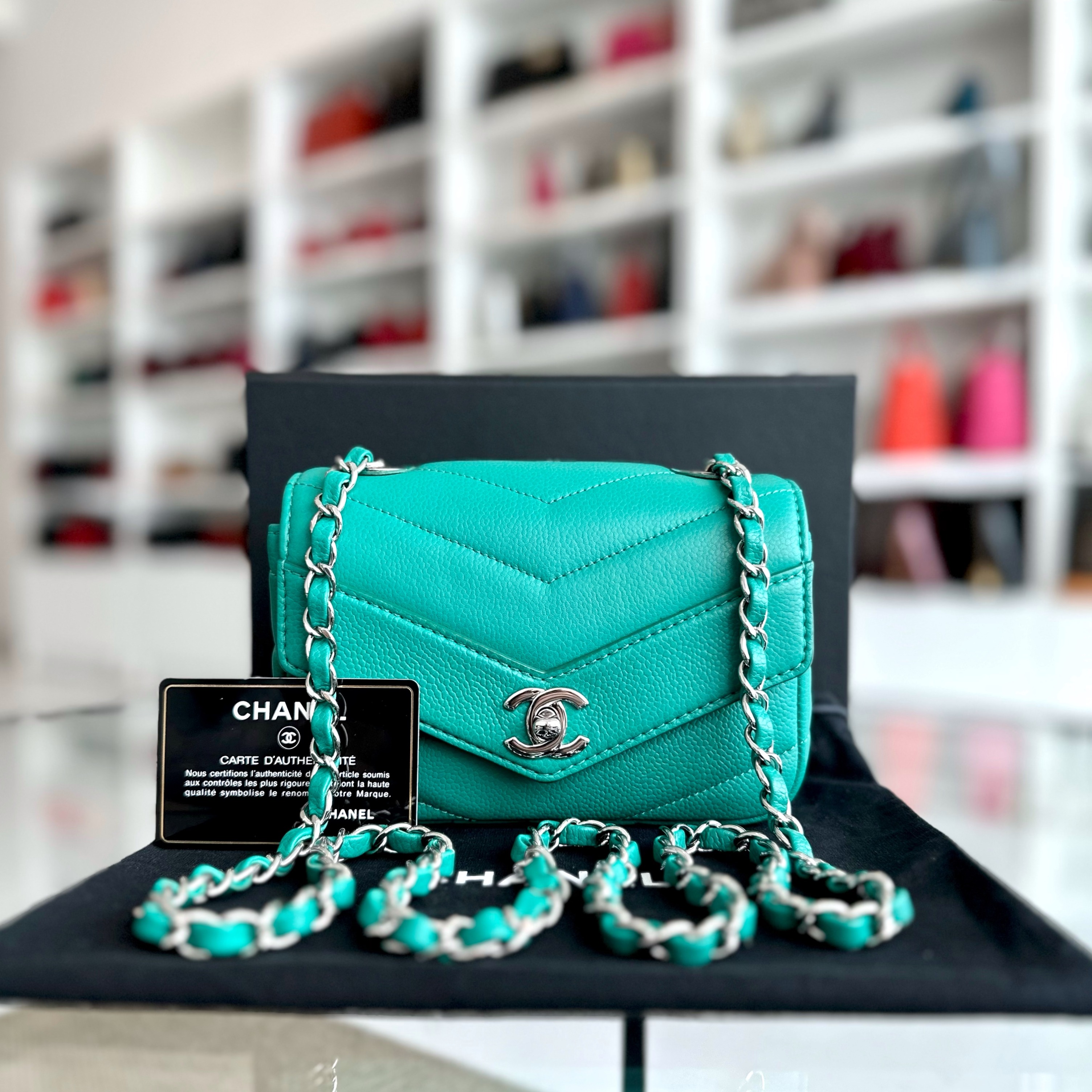 Chanel Caviar V Stitch Chevron Mini Square Green Blue SHW No 24