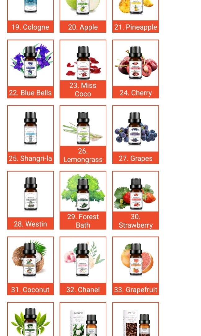 Essential oils diffusers (Category: Home Fragrance) located in Singapore. Submitted by best_deais (Listing ID 1274971023, Image 3). Description: ✅Pure Essential Oil ✅️42 Scents ✅10ml ✅️Min order 10pcs.