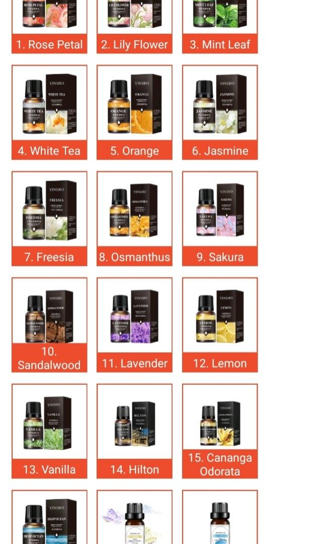Essential oils diffusers (Category: Home Fragrance) located in Singapore. Submitted by best_deais (Listing ID 1274971023, Image 2). Description: ✅Pure Essential Oil ✅️42 Scents ✅10ml ✅️Min order 10pcs.