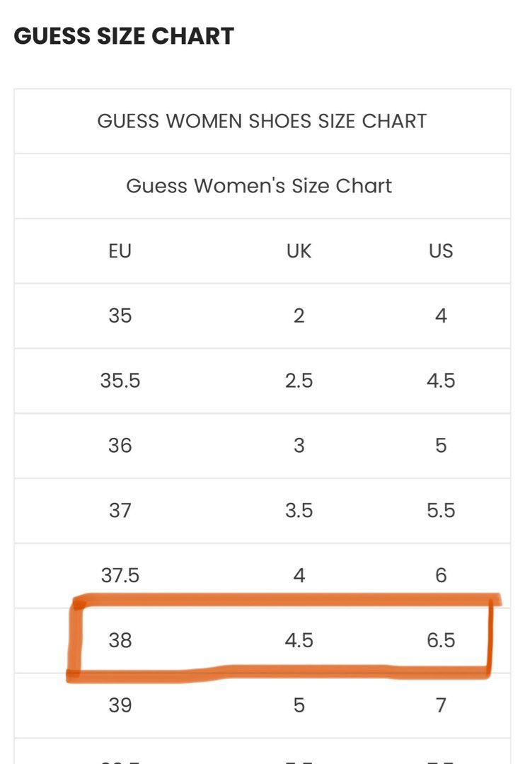 Guess sneakers size sales chart