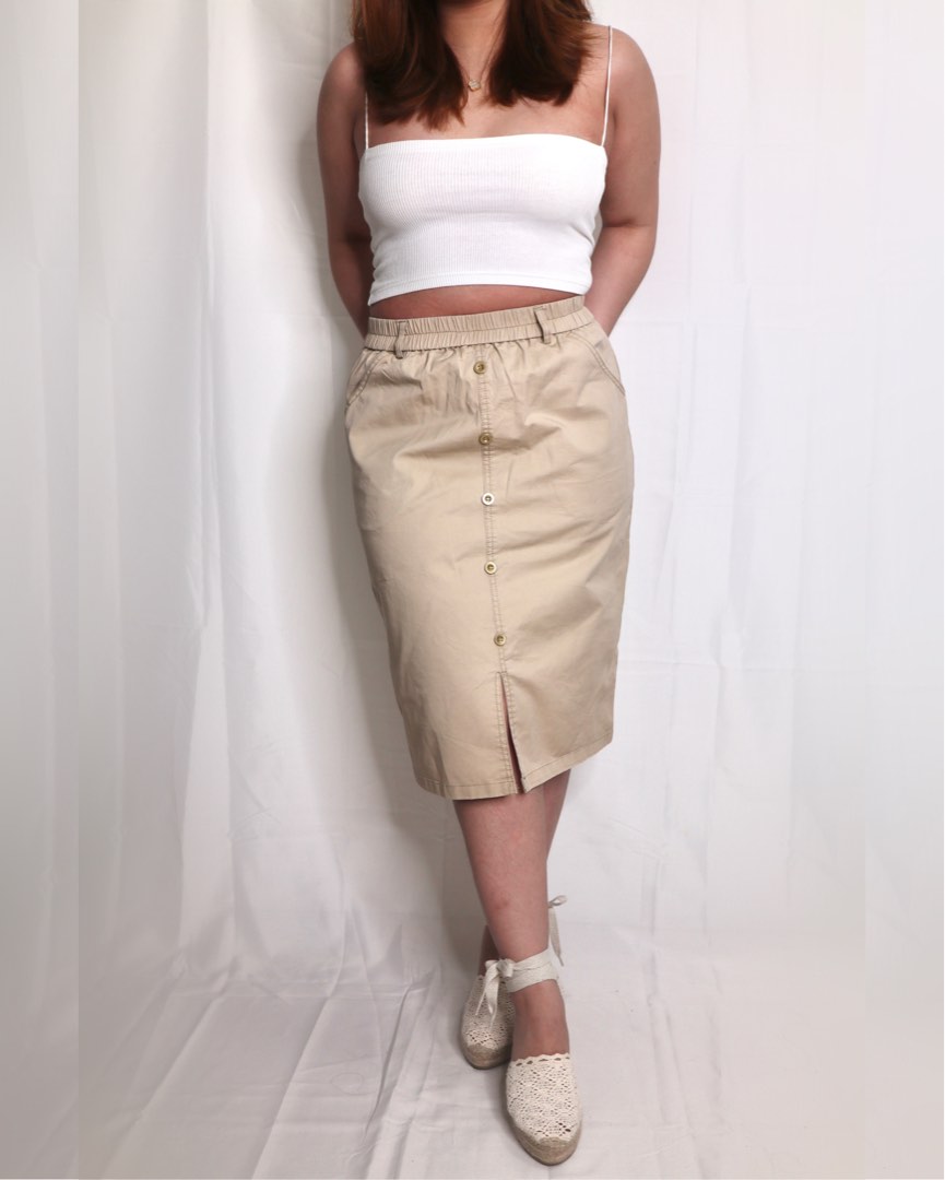 Khaki button down pencil skirt shop
