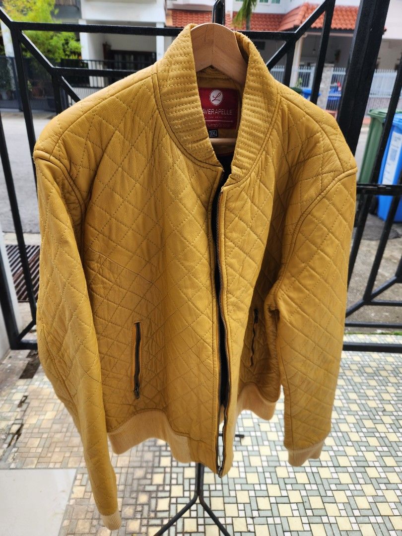 La Vera Pelle leather jacket diamond quilted bomber yellow genuine real sz L oversized measurements in listing Men s Fashion Coats Jackets and Outerwear on Carousell