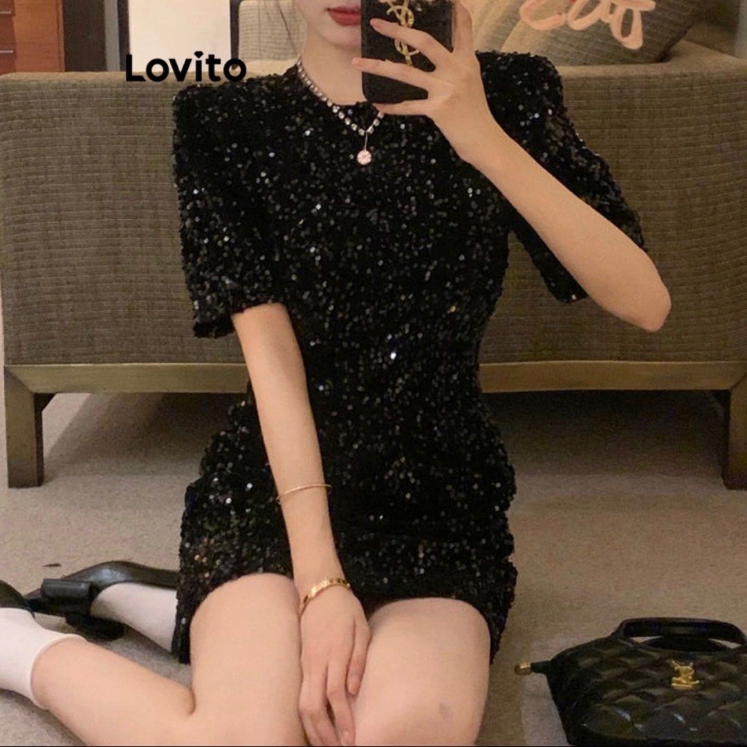 Lovito Casual Plain Sequin Dress Black Women s Fashion Dresses