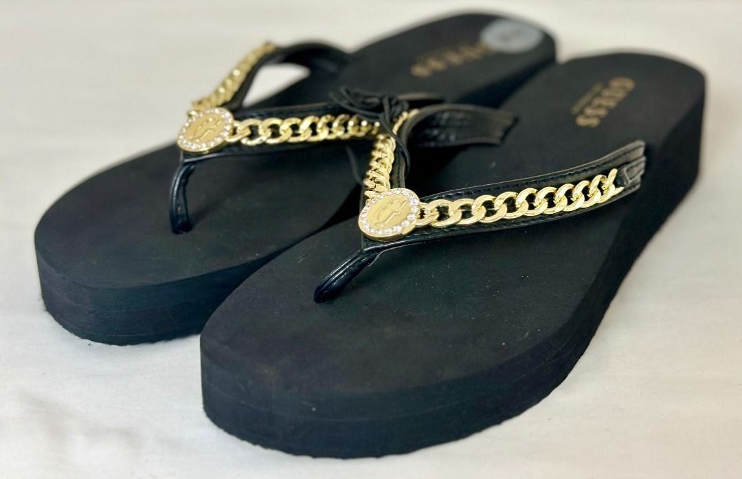 NEW GUESS BLACK WOMEN S WGMIDST WEDGE WEDGES THONG SANDALS SHOES 7 37 38 SALE Women s Fashion Footwear Wedges on Carousell