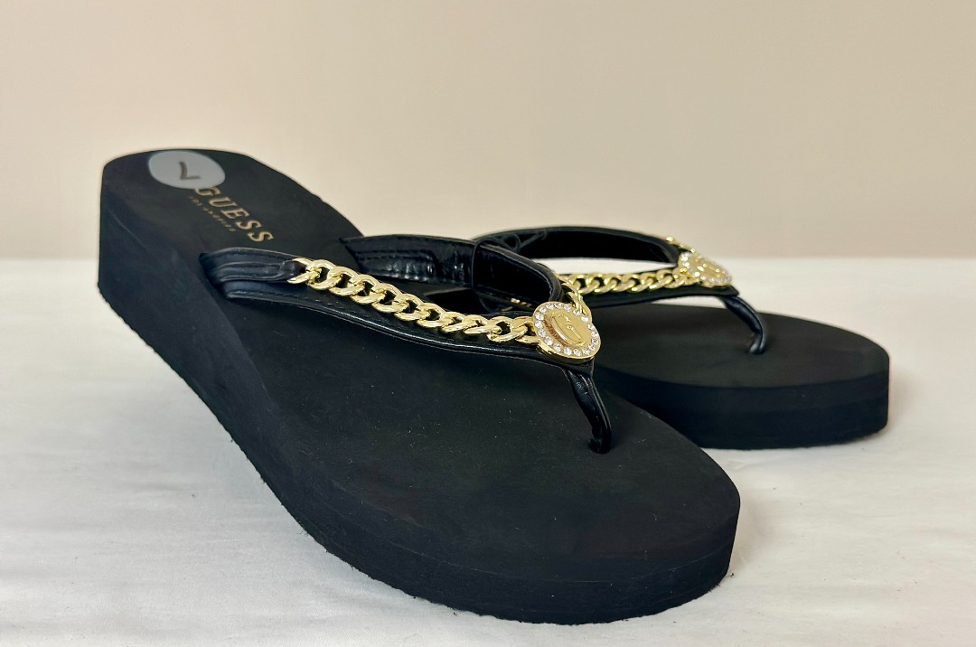 NEW GUESS BLACK WOMEN S WGMIDST WEDGE WEDGES THONG SANDALS SHOES