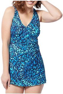 (S) Denim & Co. Beach V-Neck Wrap Front Swim Dress Azure Paintbrush