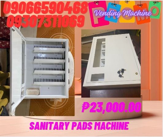 sanitary pads vending machine brand new (Category: Office & Business Technology) located in Caloocan City. Submitted by rochelleflores356-82603 (Listing ID 1282850860, Image 1). Description: Price: 23,000 1. Machine size:52*67*12.5cm (W*H*D), N.W:16.5kg, G.W:17.5kgs 2. Selections:4types, column length 370mm 3. Capacity: 8-20pcs of each, total 32-80pcs 4. coin mech 1-2coins 5. Full mechanical vending machine ,4 columns are worked with 4coin mechs,