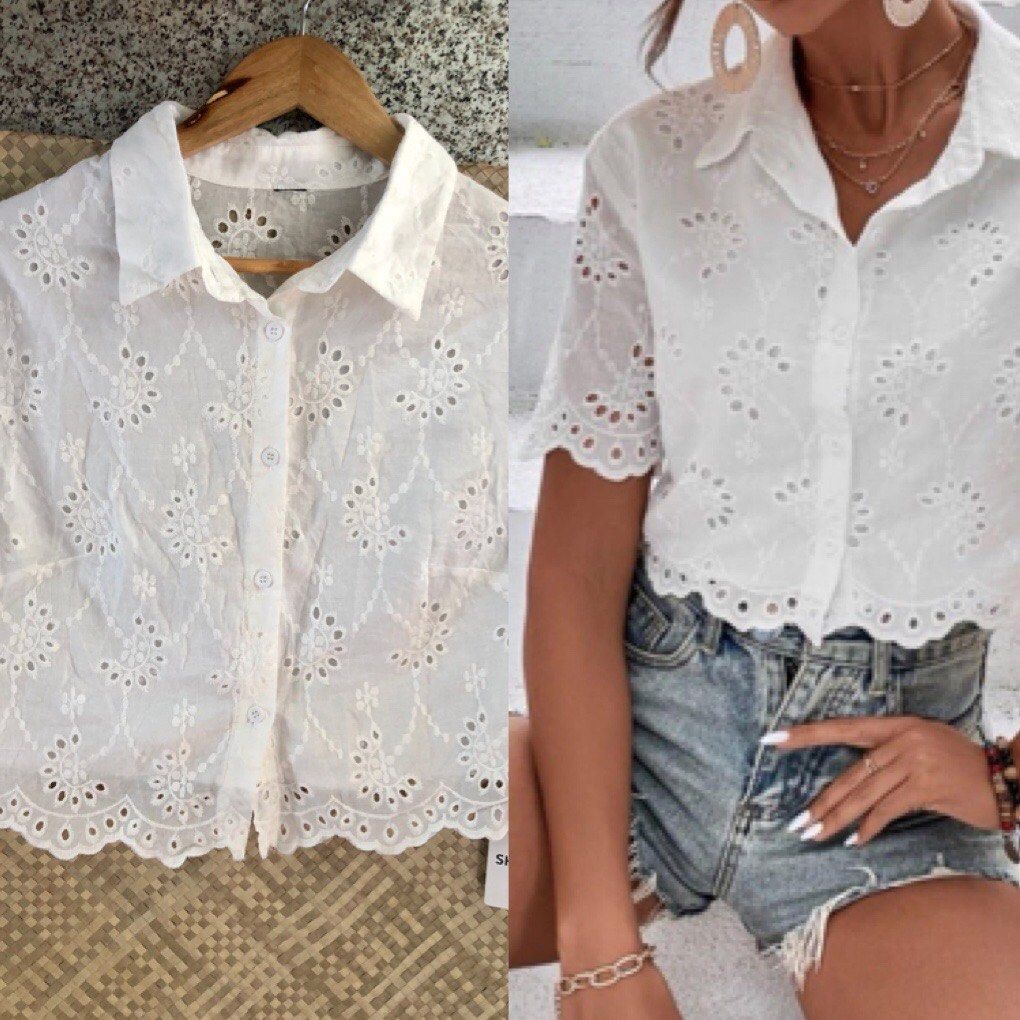 Shein eyelet embroidery crop polo (Category: Blouses) located in Cavite. Submitted by bambimay30 (Listing ID 1282873021, Image 1). Description: .