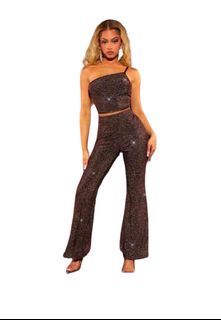 SHEIN One Shoulder Crop Glitter Top and Flare Pants (Brown)