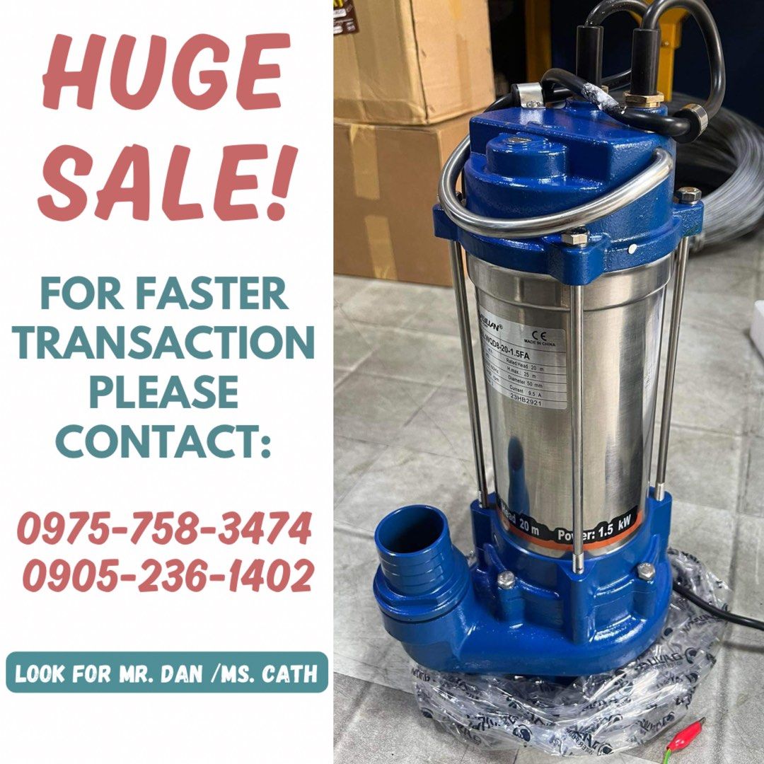 Submersible Pump (Category: Construction Tools & Equipment) located in Manila. Submitted by imdanpaolo10 (Listing ID 1282890513, Image 1). Description: FLASH SALE!! Submersible Pump For faster transaction please contact: 0975-758-3474 0905-236-1402 Look for Mr. Dan/Ms. Cath OPEN FOR DELIVERY! Mode of payments •Bank Transfer •Gcash •Cash MESSAGE US NOW!.