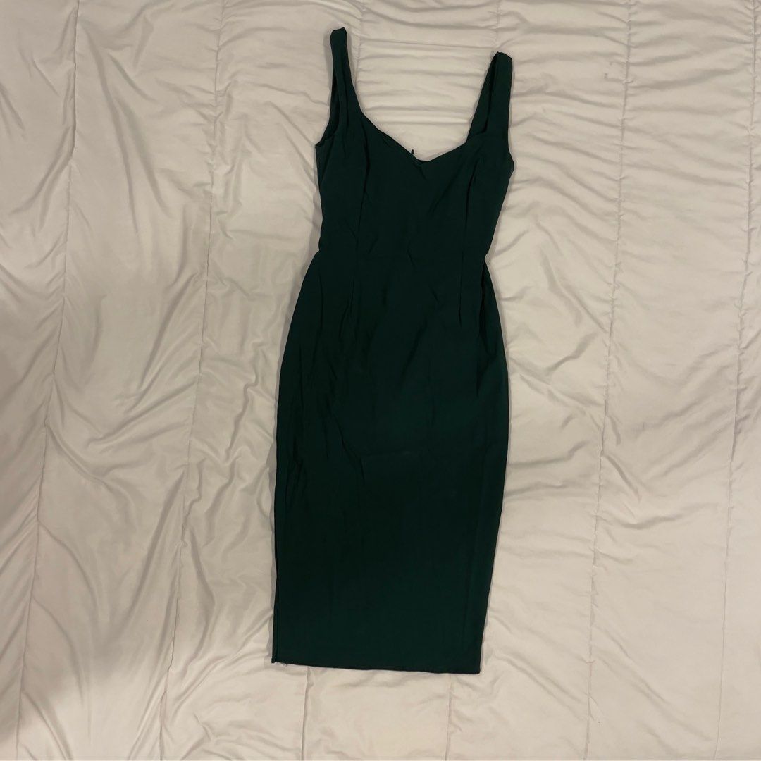 green emerald velvet dress Cowl Neck Ruched Bodycon Midi Dress in Green